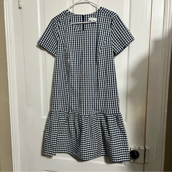 Universal Standard x J. Crew Gingham Drop Waist Dress Blue White Small M2 - Picture 4 of 9